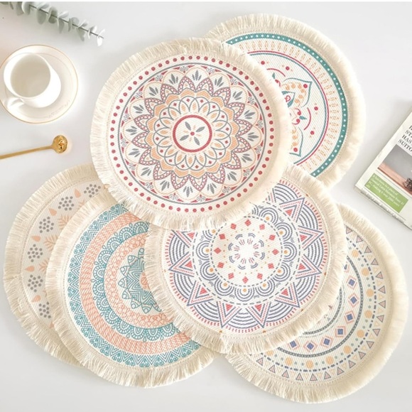 Round boho placemats 9x9 washable cotton tea spot Mats ( 4 ) - Picture 14 of 16